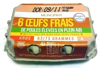 6 Œufs Frais de Poules Élevées en Plein Air (Calibre Gros 63/73 g)